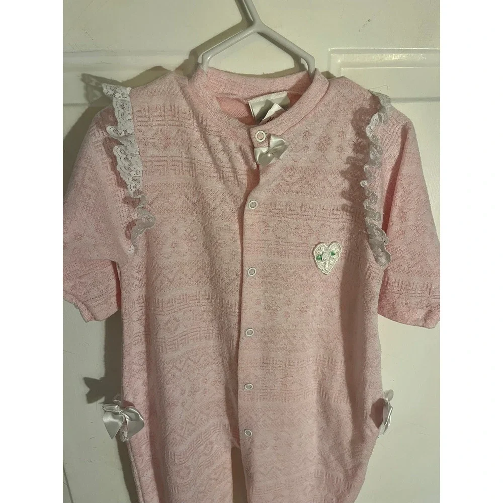 Vintage 90's Rumble Tumble Baby Girls Pink Lace Ruffle‎ Bow Flower Footies 6-12M